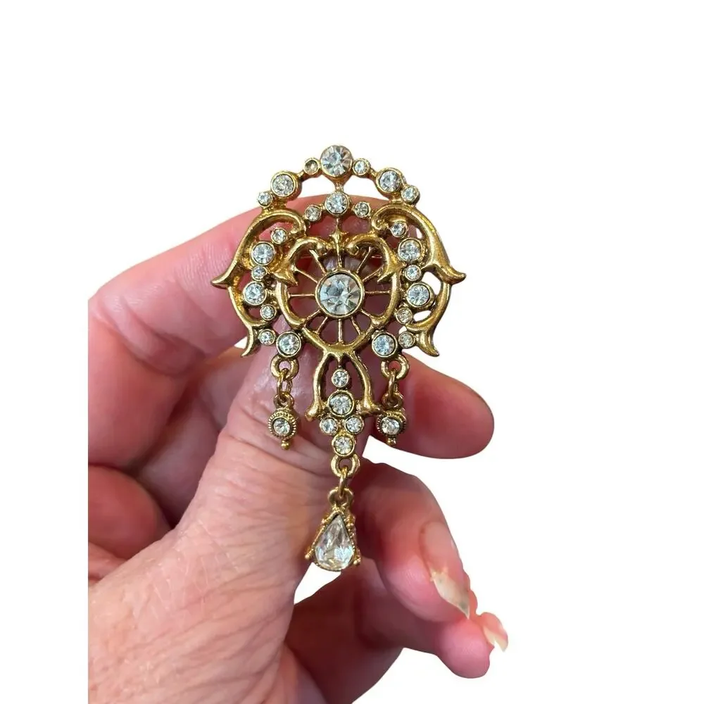 1928 Gold Rhinestone Chandelier Brooch Art Nouveau Dangle Statement Pin